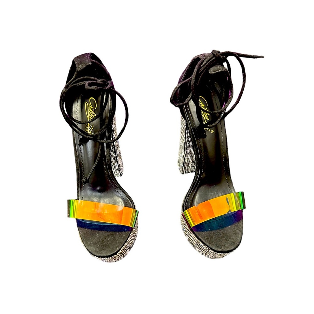 Womens Cathy Din Platform Rhinestone Heels Black/Chameleon Straps Size 8